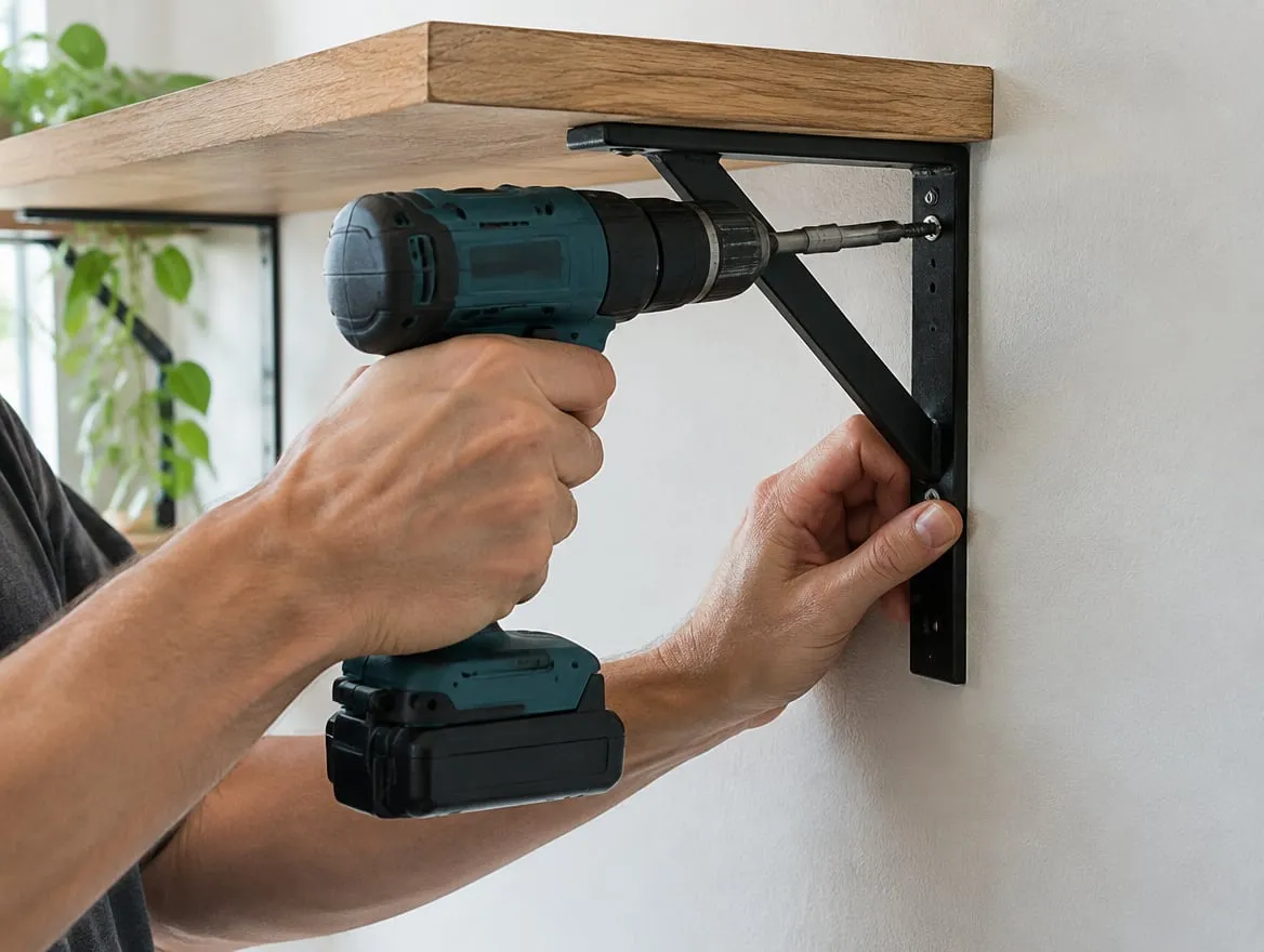 Cordless drill fastening a black shelf bracket under a wood shelf