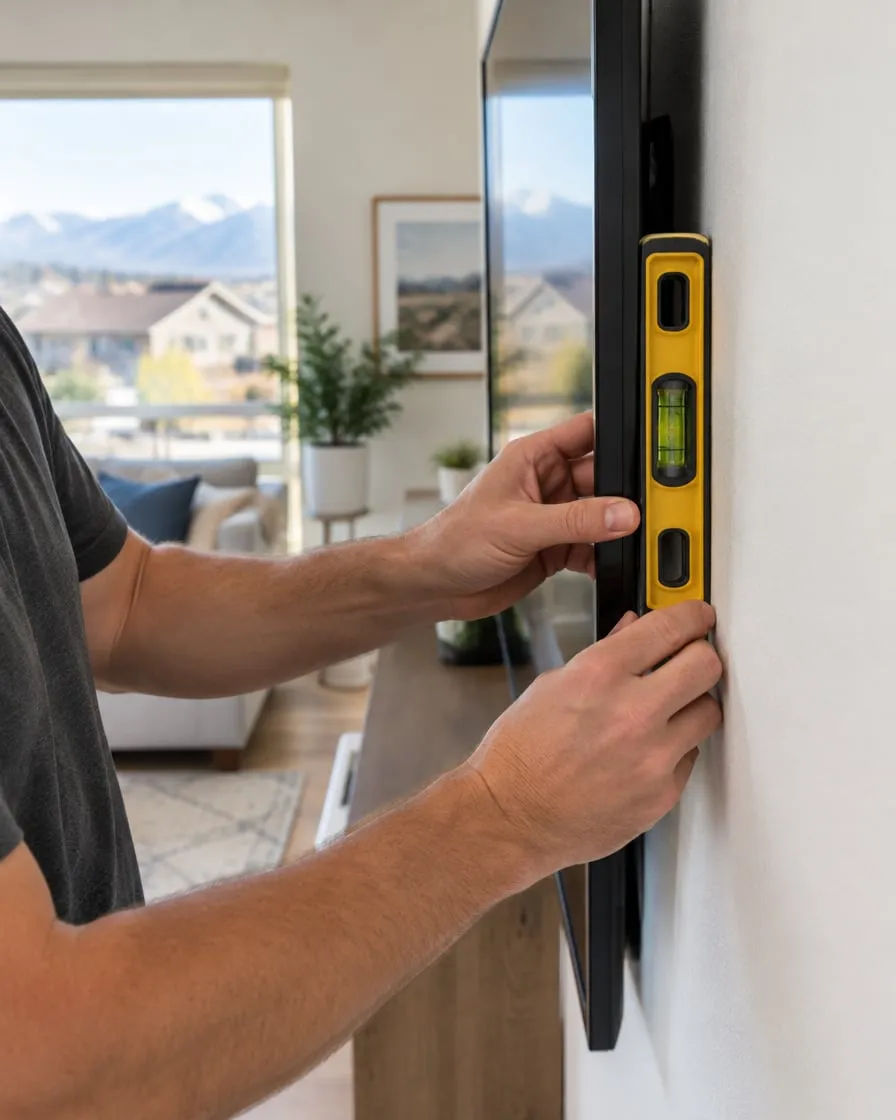 Hands holding a level against the edge of a TV being mounted on a living room wall